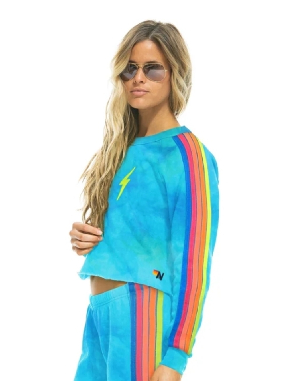 Aviator Nation Turquoise Tie-Dye Crewneck with Rainbow Stripes